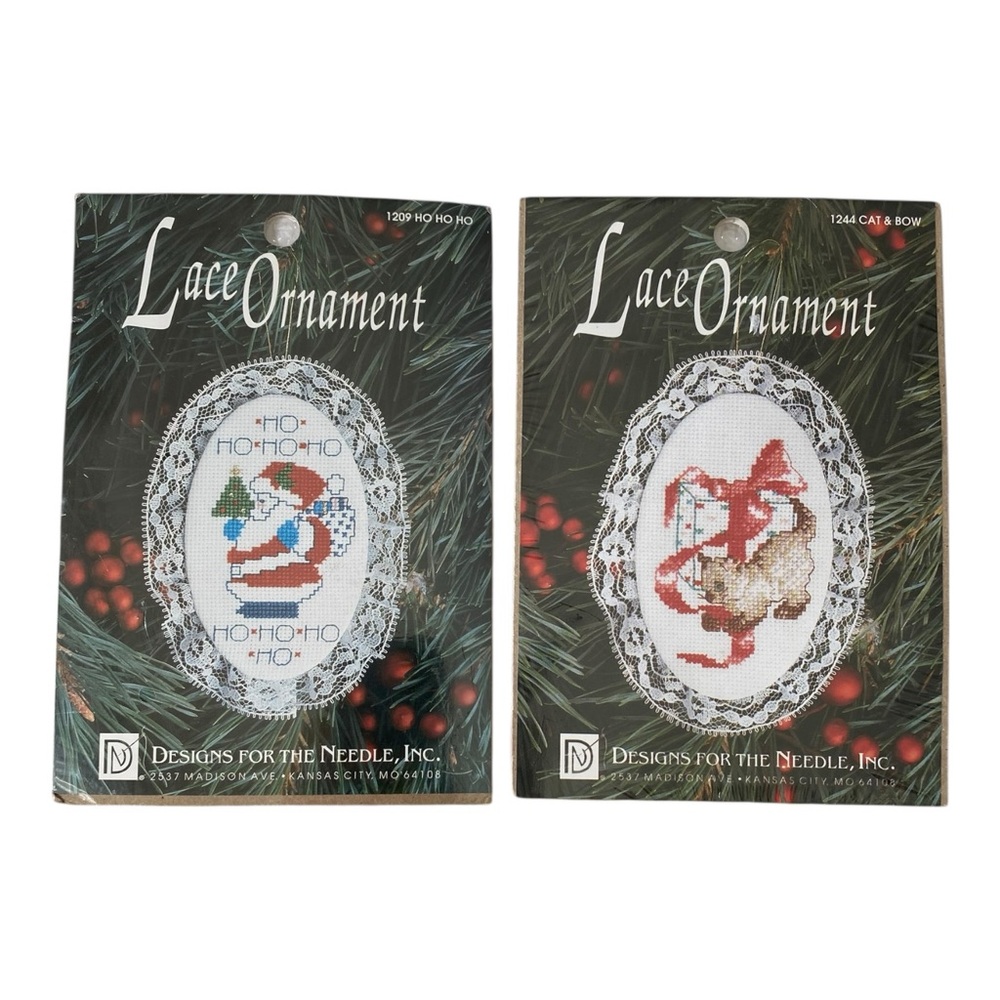 Designs for the Needle Lace Ornament Kit lot of 2 Cat & Bow Santa HO HO HO